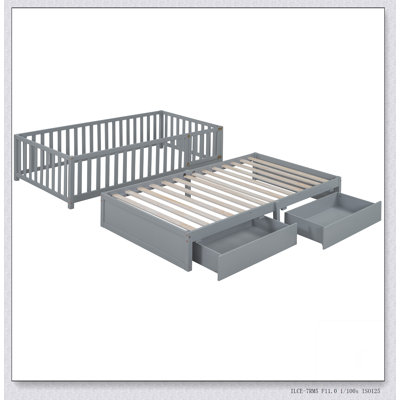 Wood Daybed With Fence Guardrails And 2 Drawers, Split Into Independent Floor Bed by Ophelia & Co.