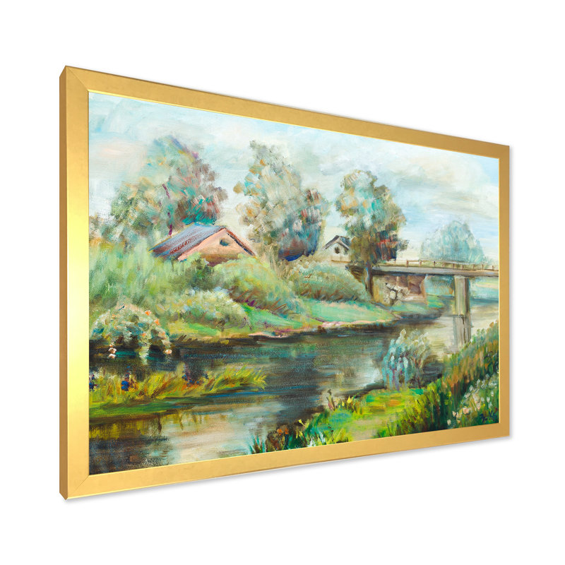 Pont sur la rivière dans un paysage rustique - peinture sur toile, H 12 po x l 20 po x p 1 po, Cadre doré