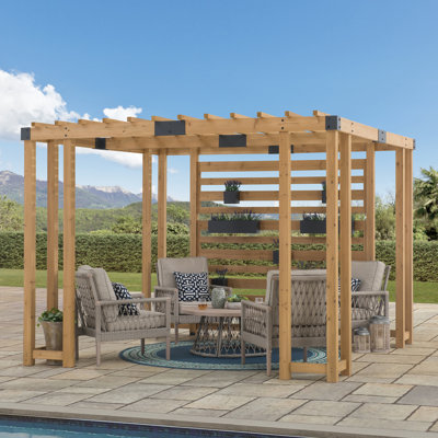 Sunjoy 10.5 ft. x 10 ft. Cedar Wood Pergola with Slatted Privacy Wall&Adjustable Hanging Planters