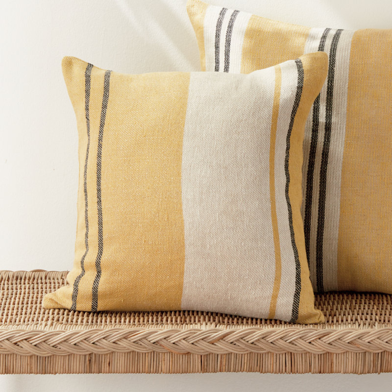 Finn Linen Throw Square Pillow Cover & Insert, Ochre/Charcoal Striped, Square 20" x 20"