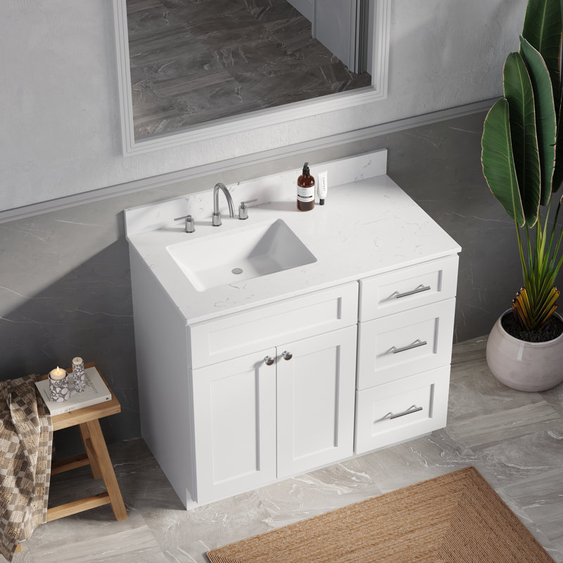 Disar 40'' Single Bathroom Vanity with Quartz Top, White, Left