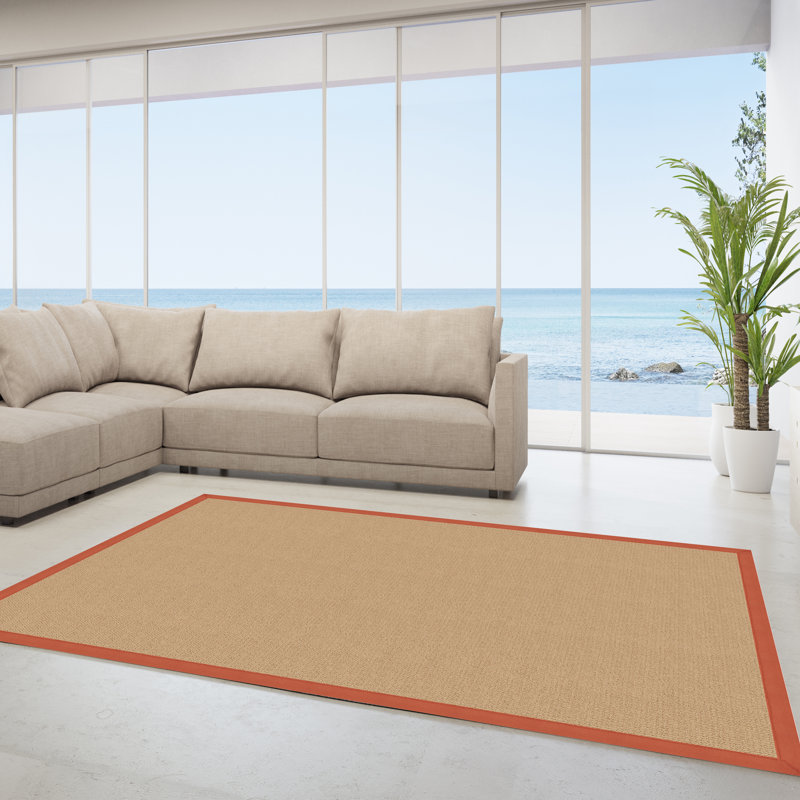 Nannette Handmade Medium Beige Berber with Burnt Orange Cotton Border Made in the USA Area Rug, Rectangle 8'9" x 12'