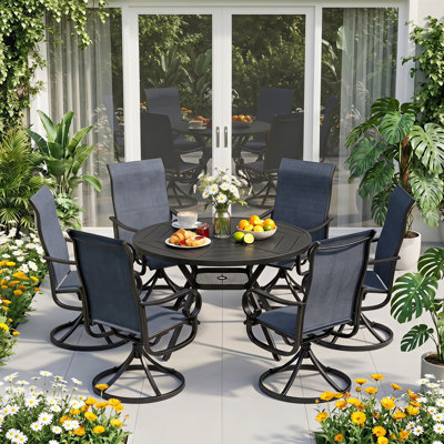 7-piece Patio Dining Set For 6, 6 Swivel Chairs & 47" Round Metal Table With Umbrella Hole, All-weather Outdoor Dining Furniture Set For Deck, Lawn, Backyard & Porch
