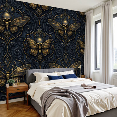 Papier peint auto-adhésif Skulls crâne gothique foncé or détails magiques muraux gothique foncé H 100 po x l 144 po, papier peint amovible en PVC, peinture murale auto-adhésive, décoration pour le salon de la chambre à coucher