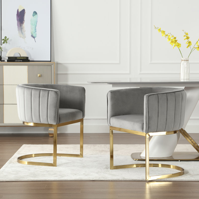 Chaise de baril moderne avec dossier et accoudoirs pour salle à manger, salon et balcon, Velours gris, Doré