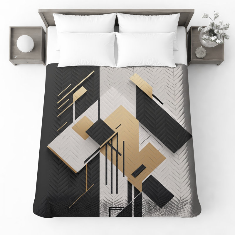 Couvre-lit matelassé à motif géométrique noir toutes tailles, Très grand lit
