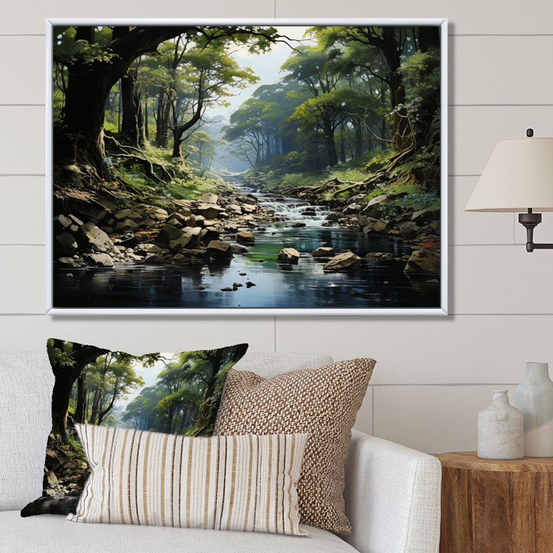 «Gentle River Through Country Charm Forest», art mural forêt fluviale, H 34 po x l 44 po x P 1,5 po, Cadre flottant blanc