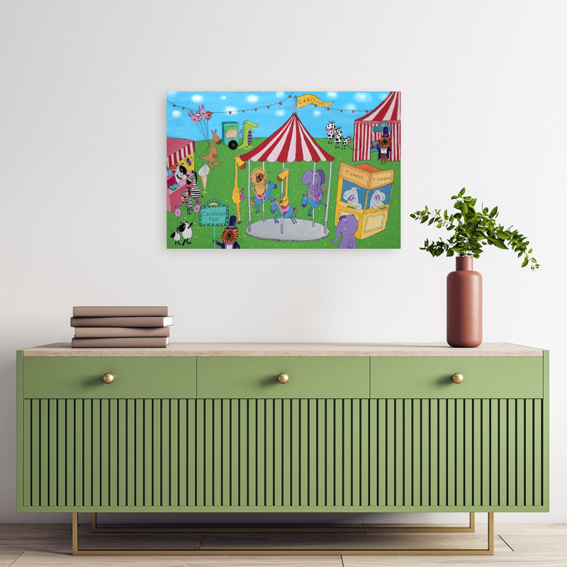 Animals Carousel Fun Playful Whimsical Contemporary Alligator Cow Elephant Animal Architecture Wall Art Print 1 Piece Wrapped Canvas Wall Art