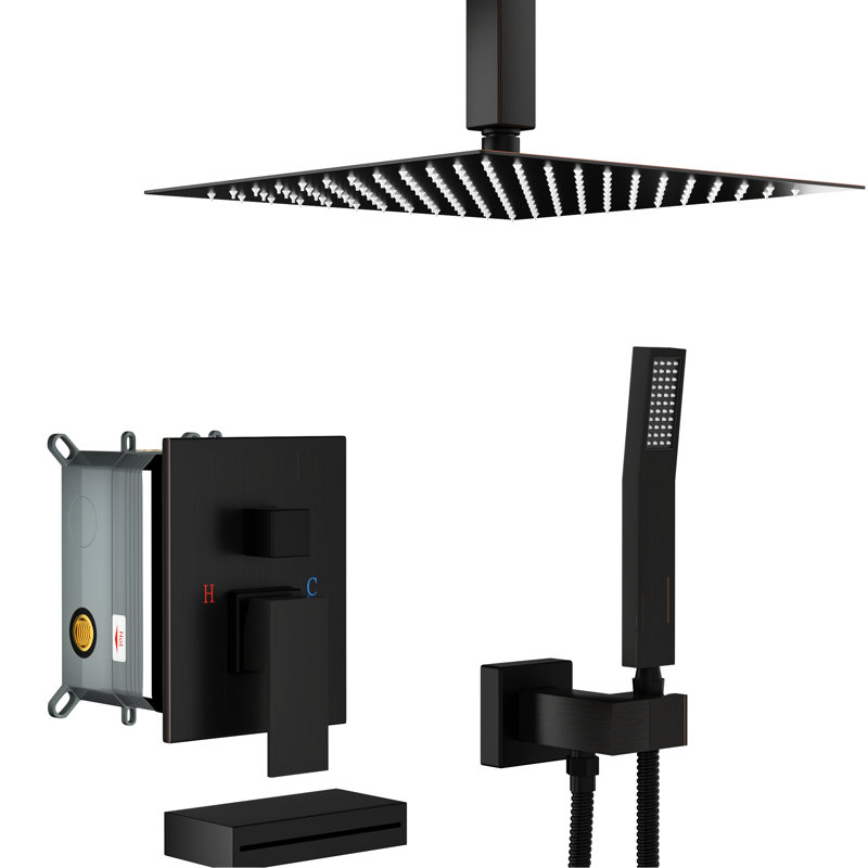 Ceiling Mount Shower Assembly With Waterfall Spout And Handheld Spray - 12" Square Rain Head, Oil Rubber Bronze, 1.8 Max Flow Rate (Gpm System Feature Shower, Handheld, Valve, Oil-Rubbed Bronze Finish