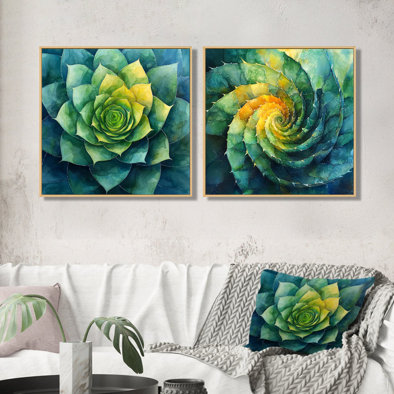 Géométrique spirale feuille d'aloès Succulent I, H 36 po x l 73 po, Cadre flottant, Crème, crème