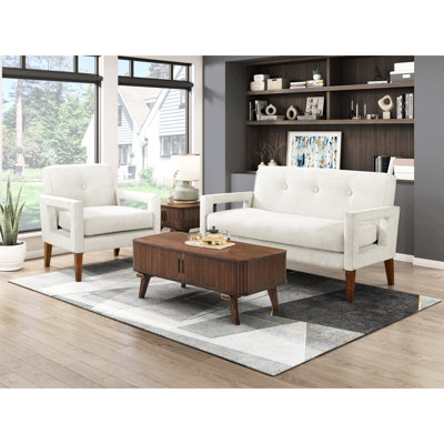 Ensemble de salon moderne 2 pièces avec tissu chenille beige, ressorts ensachés, pieds en noyer massif, coussins d'assise réversibles, supportant jusqu'à 136 kg par meuble rembourré, structure en bois.