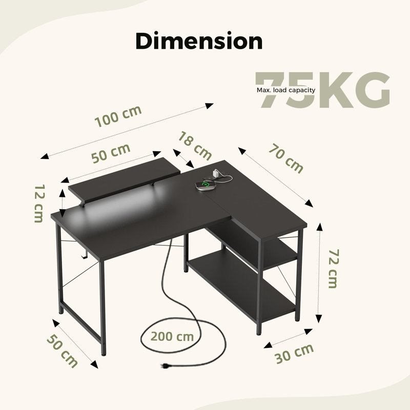 L-Shaped Metal Base Computer Desk, Black