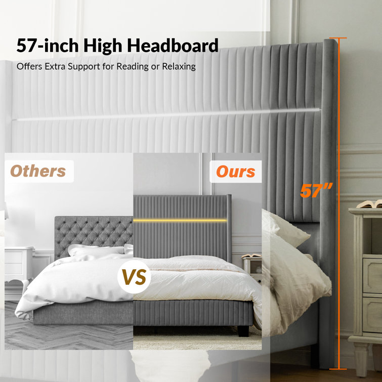 Samien 57'' H  Tall Wingback Velvet Bed with Built-In LED Tube Lighting
