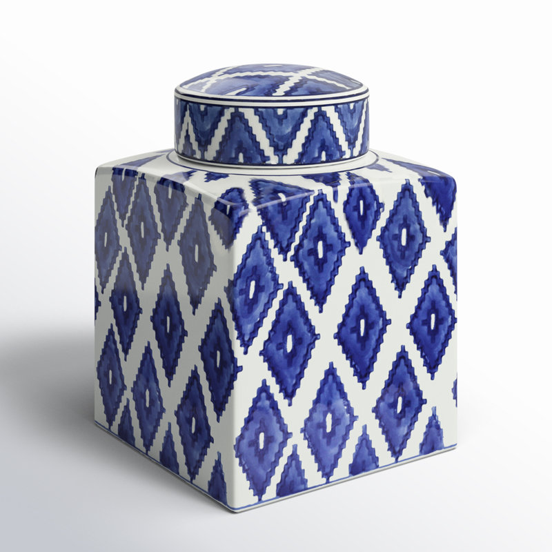 Blue and White Ceramic Diamond Pattern Ginger Jar with Lid