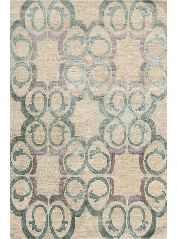 Rococo Hand Woven Silk and Wool Geometric Area Rug, Runner 3' x 8'