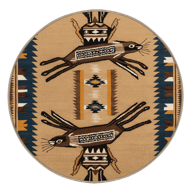 Washable Jackrabbit Southwestern Area Rug, Round 6'