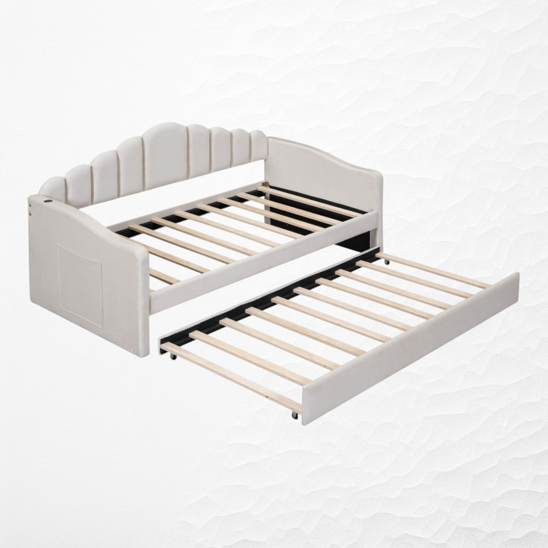 Twin Day Bed with Trundle, Velvet Daybed with USB Charging Ports on Right Armrest, Beige