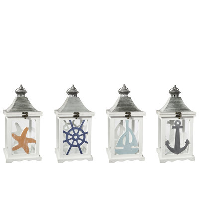Lanterne carrée en bois avec rabat en métal argenté, cintre et motif de bord de mer assorti de quatre finitions peintes en blanc
