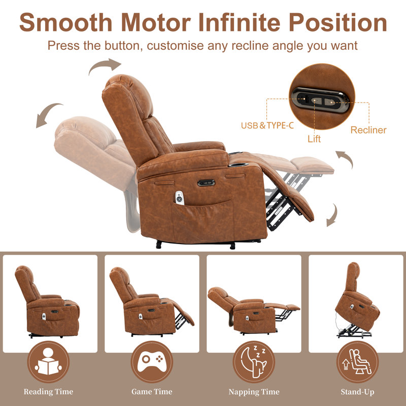 PU Leather Electric Power Lift Heated Massage Recliner Chair with Cup Holders and USB Type C (Brown), Brown