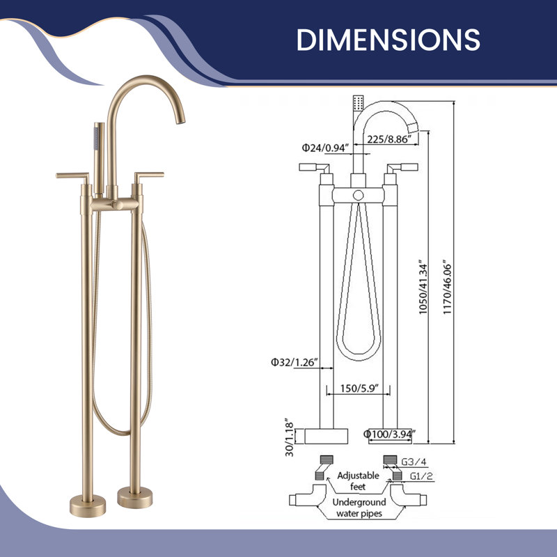 46"H Solid Brass 2 Handle Floor Mounted Tub Faucet With Diverter And Handleshower, Brushed Gold