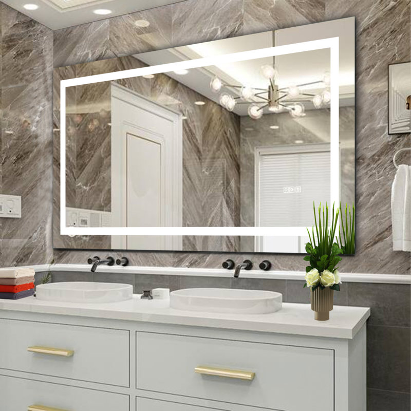 Miroir de salle de bain 60 po x 32 po à DEL avec antibuée et capteur tactile - Miroir mural moderne sans cadre pour meuble-lavabo, salle de douche ou vestiaire