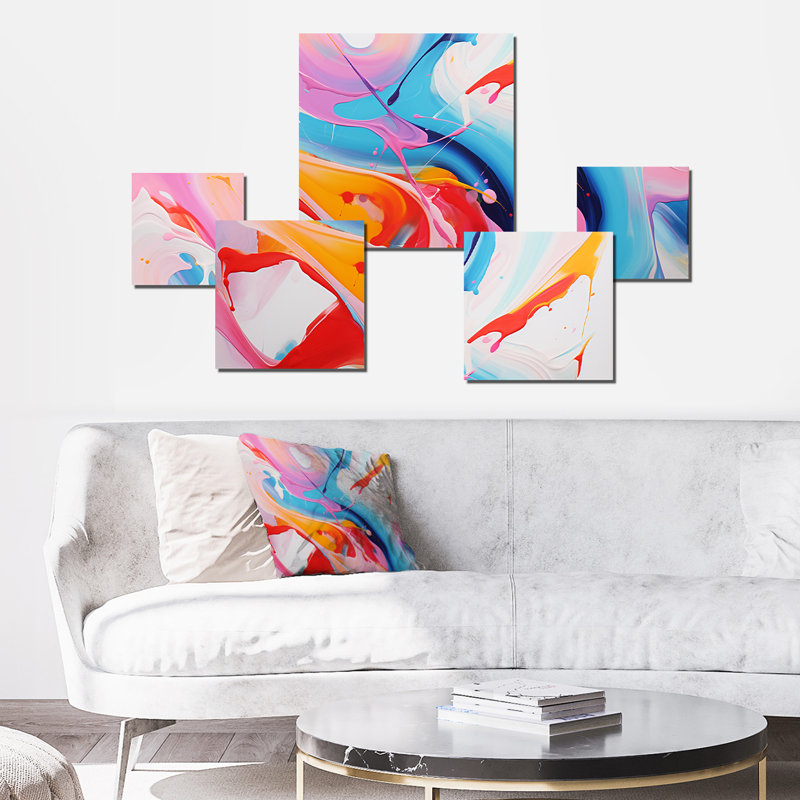 «Blue An Pink Paint Storm IV», ensemble d'art mural abstrait à encre liquide, 5 pièces