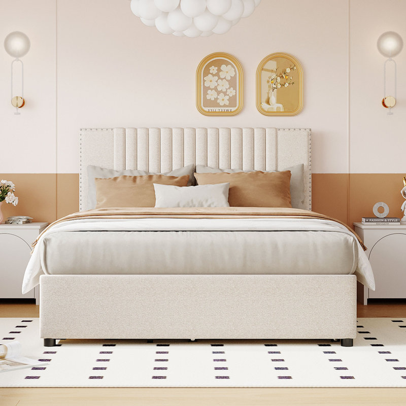 Size Upholstered Platform Bed With 2 Drawers And 1 Size Trundle, Classic Headboard Design,, Beige