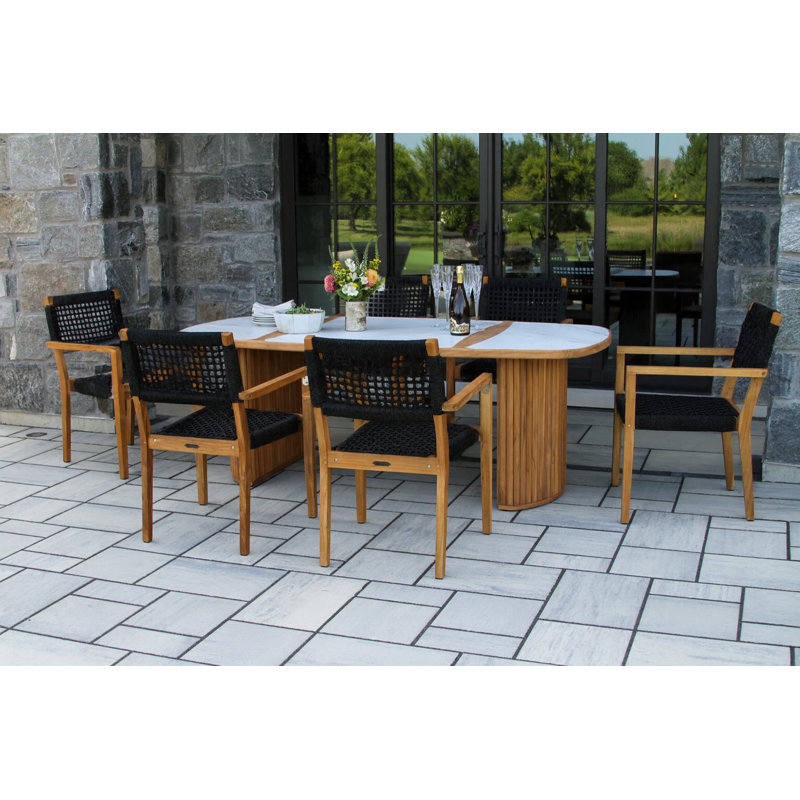 Cava 7-piece Teak & Black Rope Oval Dining Set With Monte Bianco Stone Top, White
