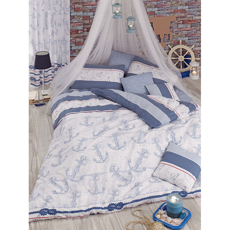 Ensemble de housse de couette en mélange de coton bleu clair / blanc 4 pièces Esmerai