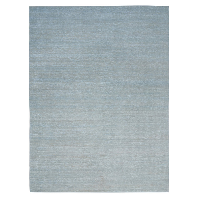 Solid Wool Saree Silk Blend Rug, Sky Blue, Rectangle 12' x 18'