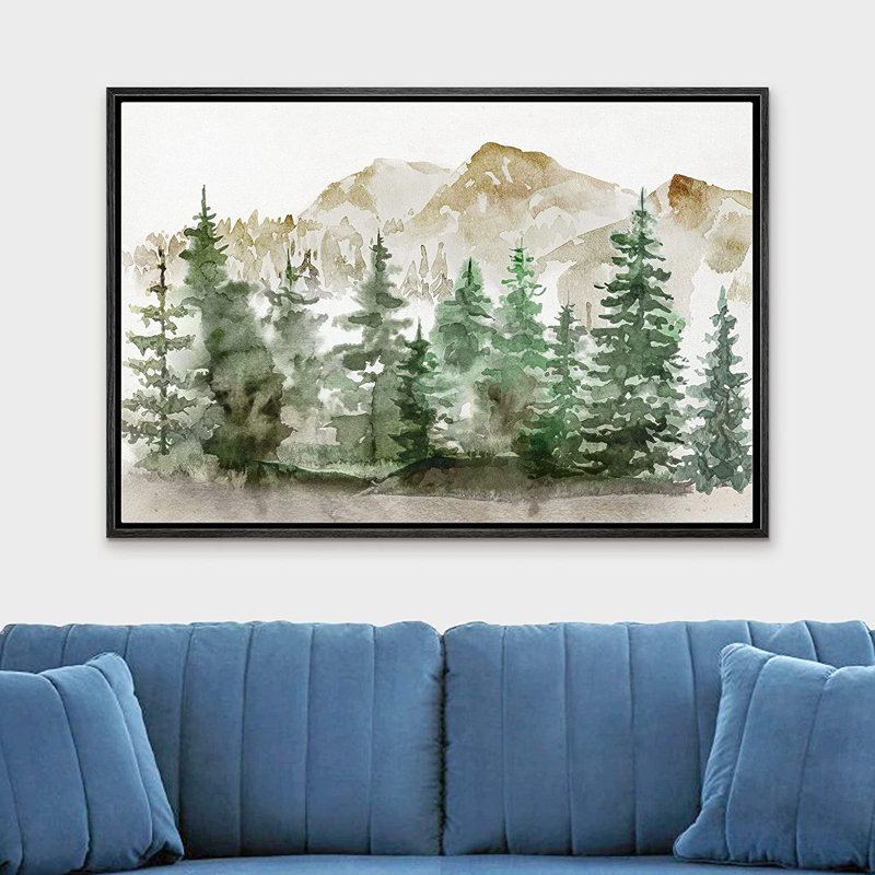 Green Watercolor Mountain Pine Tree Forest Nature Landscape Rustic Wall Art Work Framed Canvas Print, Black