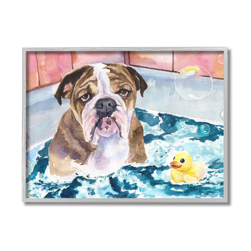 Bulldog anglais dans des bulles de canard en caoutchouc, Estampe numérique Farmhouse, H 16 po x l 20 po
