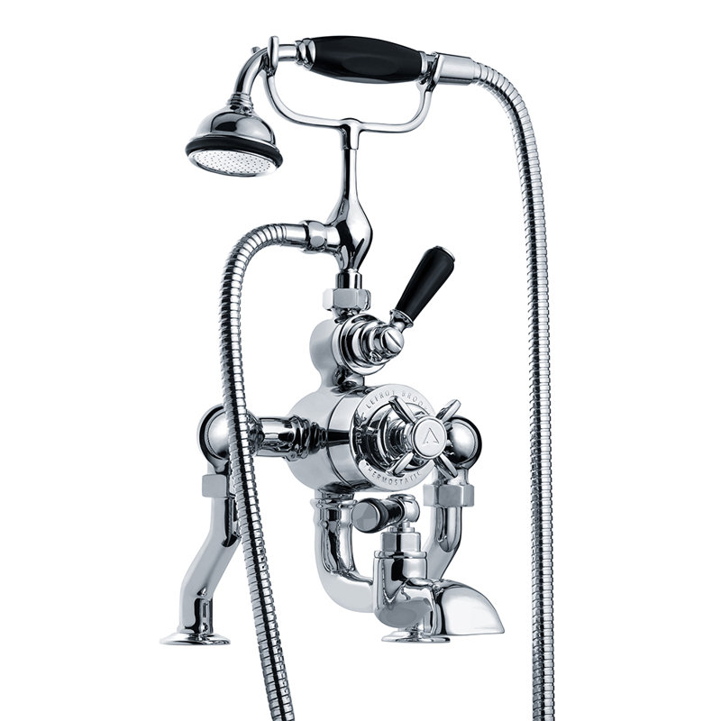 Classic Black Double Handle Thermostatic Bath/Shower Mixer with Tub Faucet and Handshower, Polished Chrome, Deck Mounted