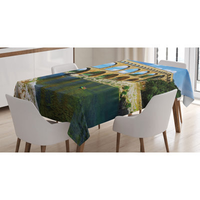 Ambesonne Landscape Tablecloth, Roman Heritage Wall Southern France Architectural Historical Landmark, Rectangular Table Cover For Dining Room Kitchen Decor, 52" X 70", Blue Green Tan