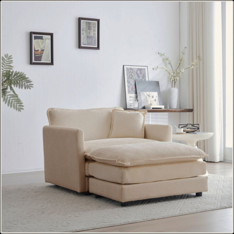 Fauteuil d'appoint moderne avec repose-pieds, fauteuil club en chenille et fauteuil de lecture, chenille beige