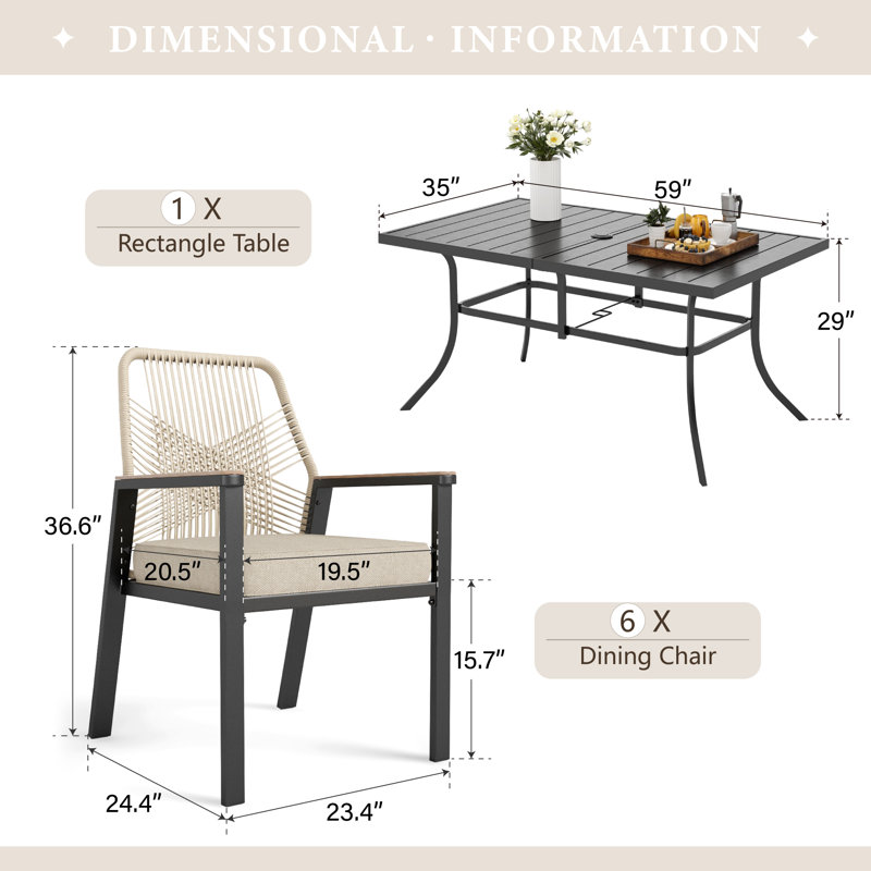 6 - Person Stainless Steel Patio Dining Set Umbrella Hole Included Rectangular Table with Cushions Included