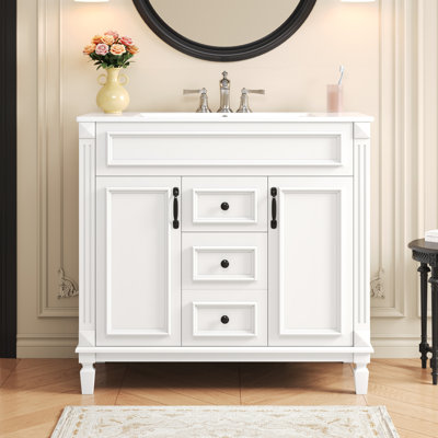 Meuble de rangement blanc de 91 cm (36 po) avec lavabo en céramique intégré et cadre en bois