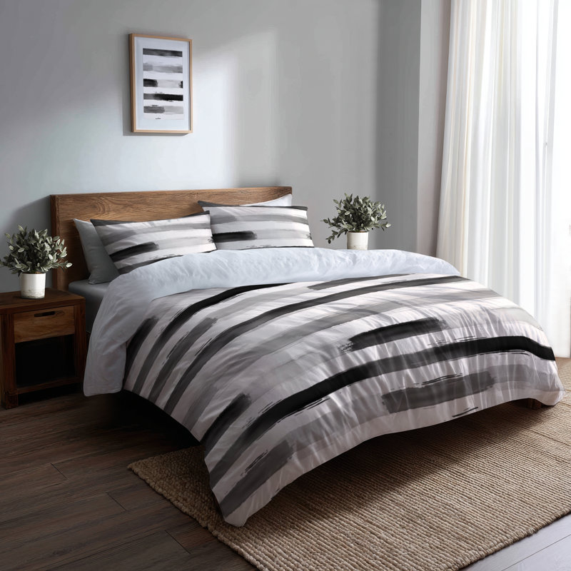 Ensemble d'édredon moderne 6 pièces - Ensemble de literie et de coussins décoratifs rayés gris et blanc