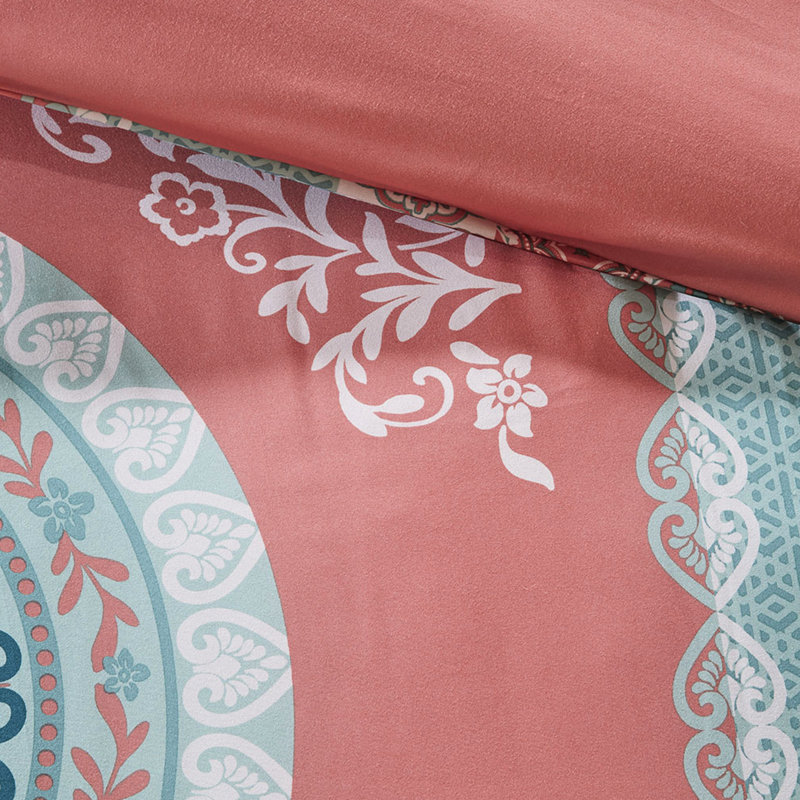 Édredon simple avec draps - thème médaillon corail, taies décoratives brodées, ensemble d'édredon à imprimé de luxe, broderie, ambiance de chambre à coucher élégante