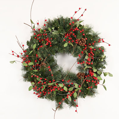 24" Pre-Lit Artificial Winter Christmas Wreath For Front Door, 35 LED Lights Decorated With Pine Cones Berry Clusters Indoor Decoration