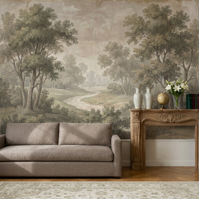 Papier peint rétro avec paysage et arbres