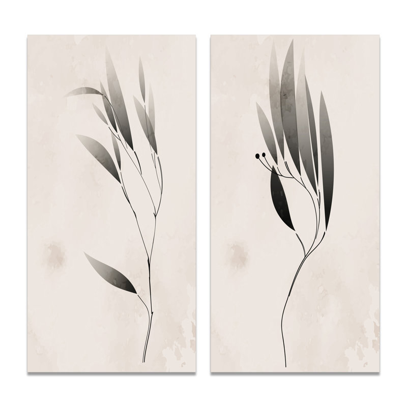 Abstrait, monochrome rétro, plante, silhouettes I, ensemble de 2 impressions, H 20 po x l 24 po x P 1 po, Toile tendue