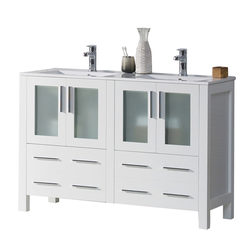 48'' Single Bathroom Vanity with Ceramic Sink – Solid Wood Cabinet, Soft-Close Drawers, Tempered Glass Doors & U-Shaped Plumbing Access