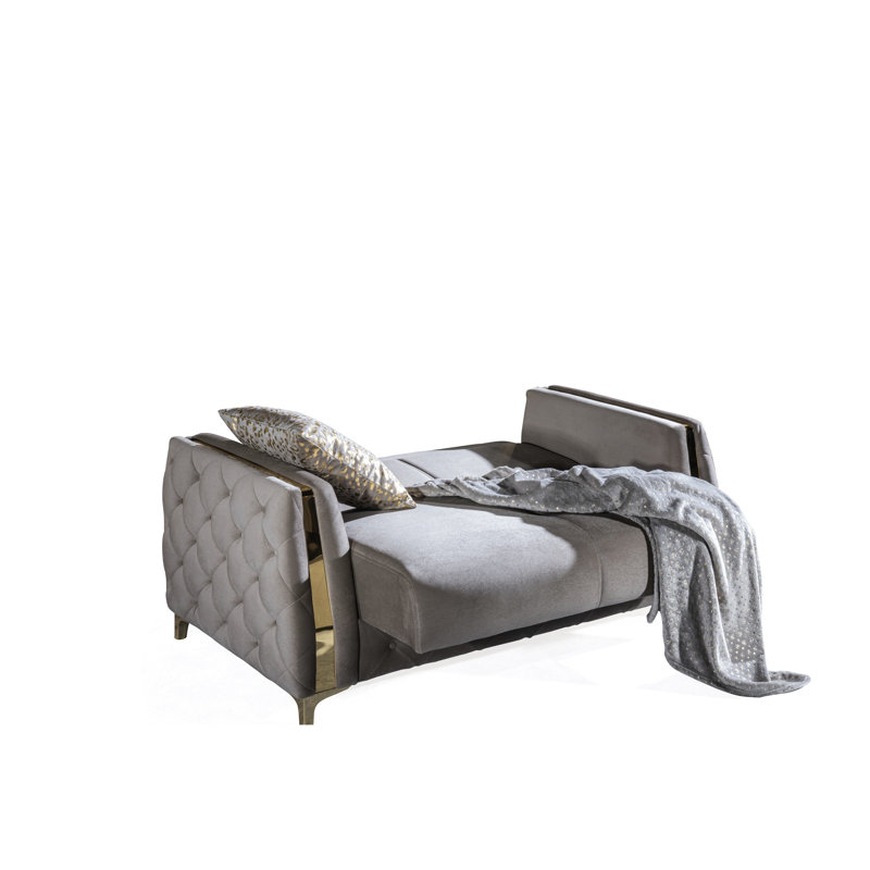 Taupe moderne offrant un mécanisme de lit pratique pour dormir, une gestion de rangement sous les sièges et une base en bois