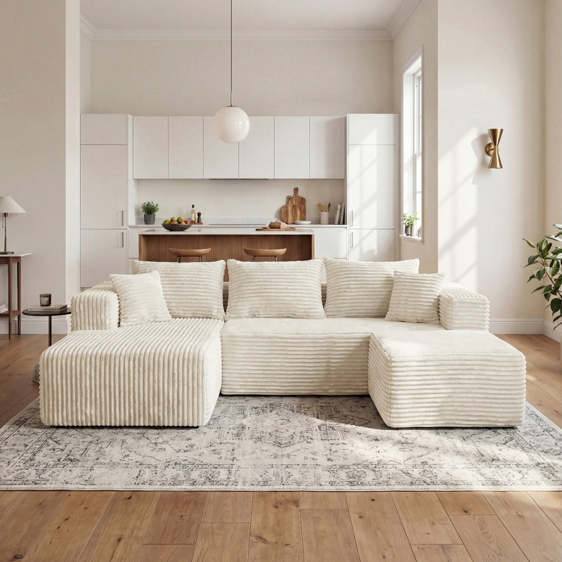 Canapé modulaire en U modulaire en forme de U, canapé en flanelle rembourré avec repose-pieds et ressorts ensachés, canapé modulaire à compression avec 5 coussins sans assemblage, beige
