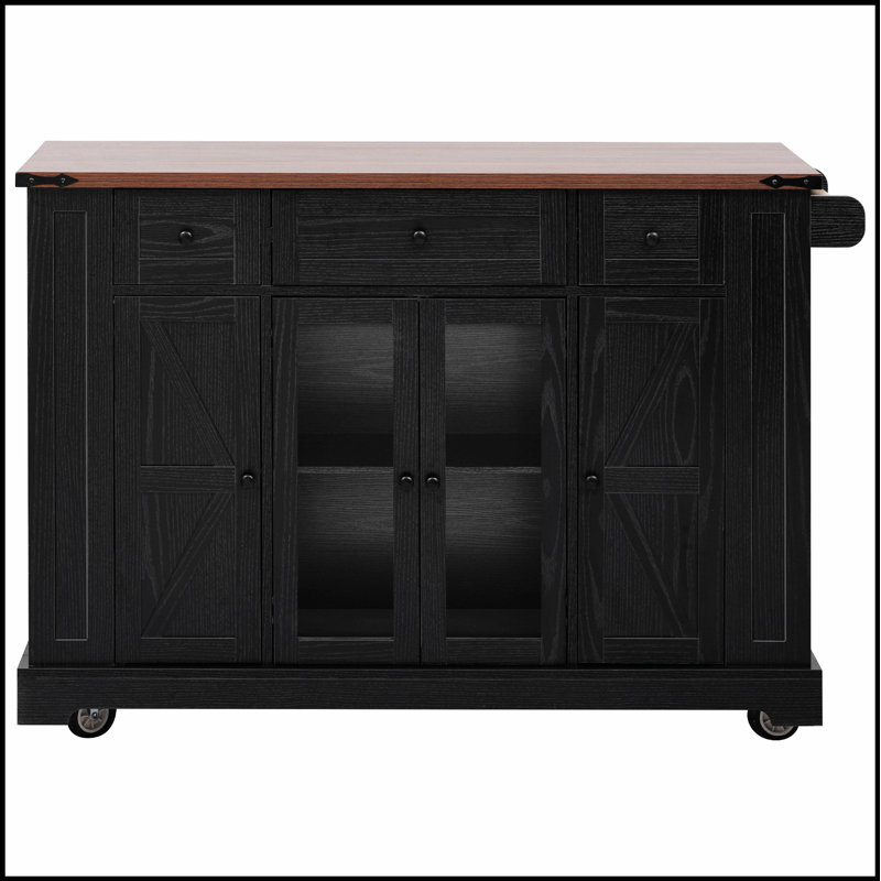 53'' Farmhouse Kitchen Island With Tempered Glass Doors, Power Outlet, And Rolling Cart On Wheels, Ideal For Organized And Stylish Kitchens