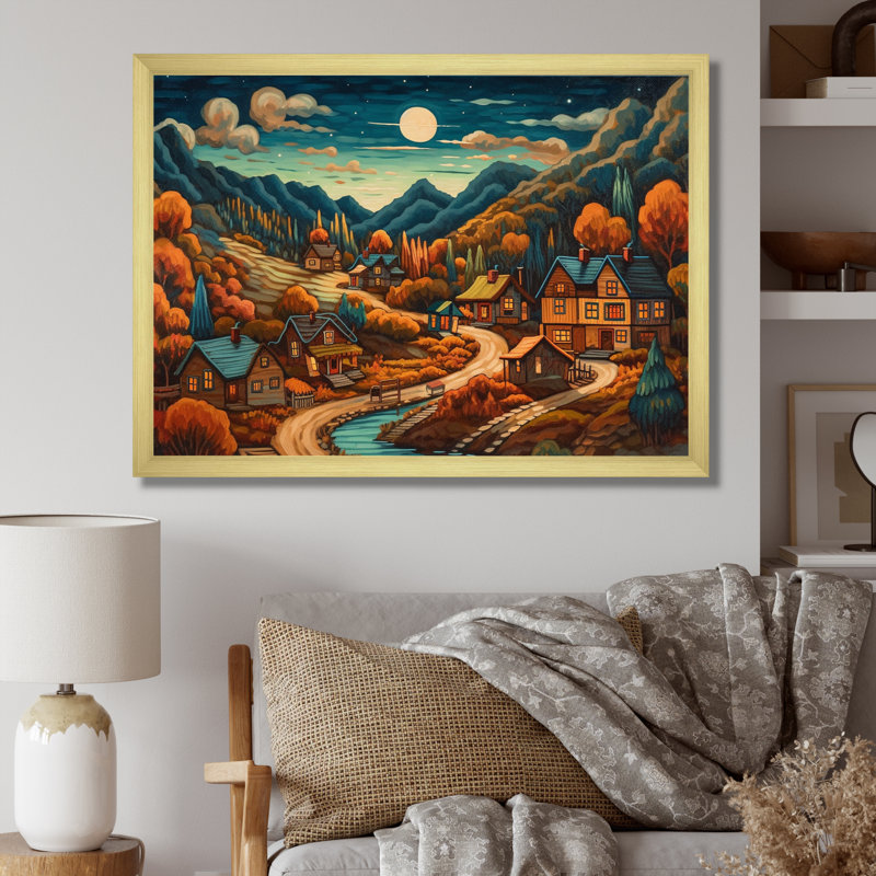 Petit village alpin Carlisa en automne II, H 12 po x l 20 po x P 1 po, Encadrement doré