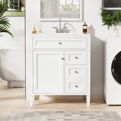 Meuble-lavabo moderne de 30 po avec lavabo supérieur, 2 tiroirs, tiroir coulissant, tablette réglable, glissières de tiroir en métal lisse, fonctions de rangement variées, pieds romains exquis, poignée texturée, blanc