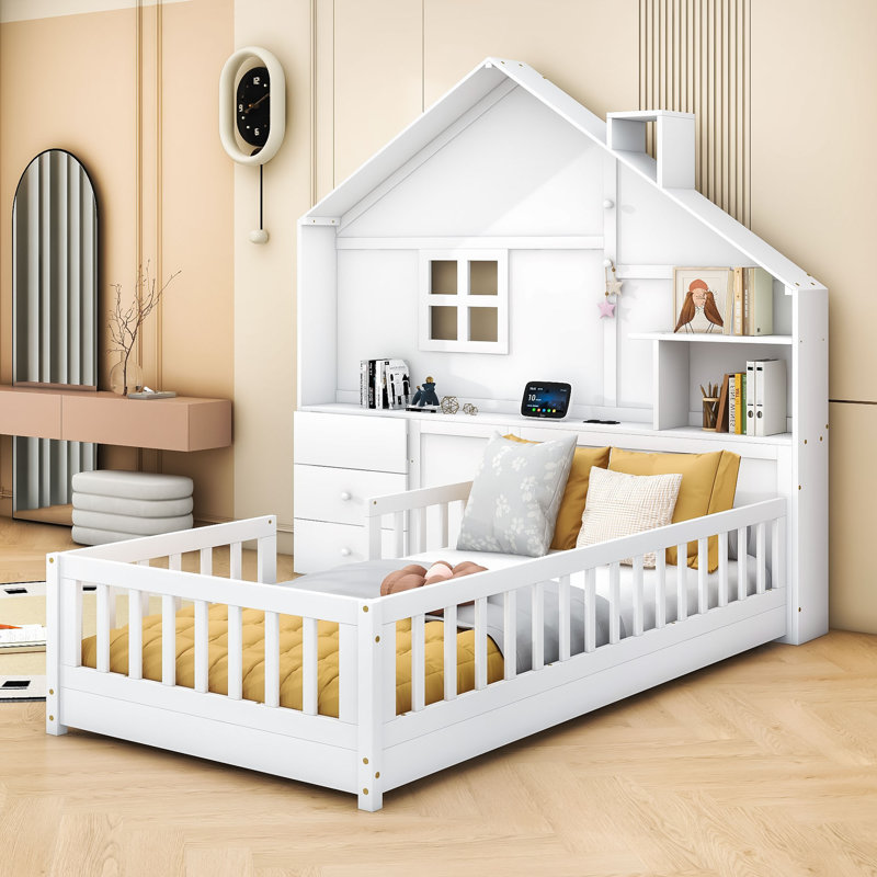 Lit maison avec 2 tiroirs, tablettes, prises et port USB, Simple