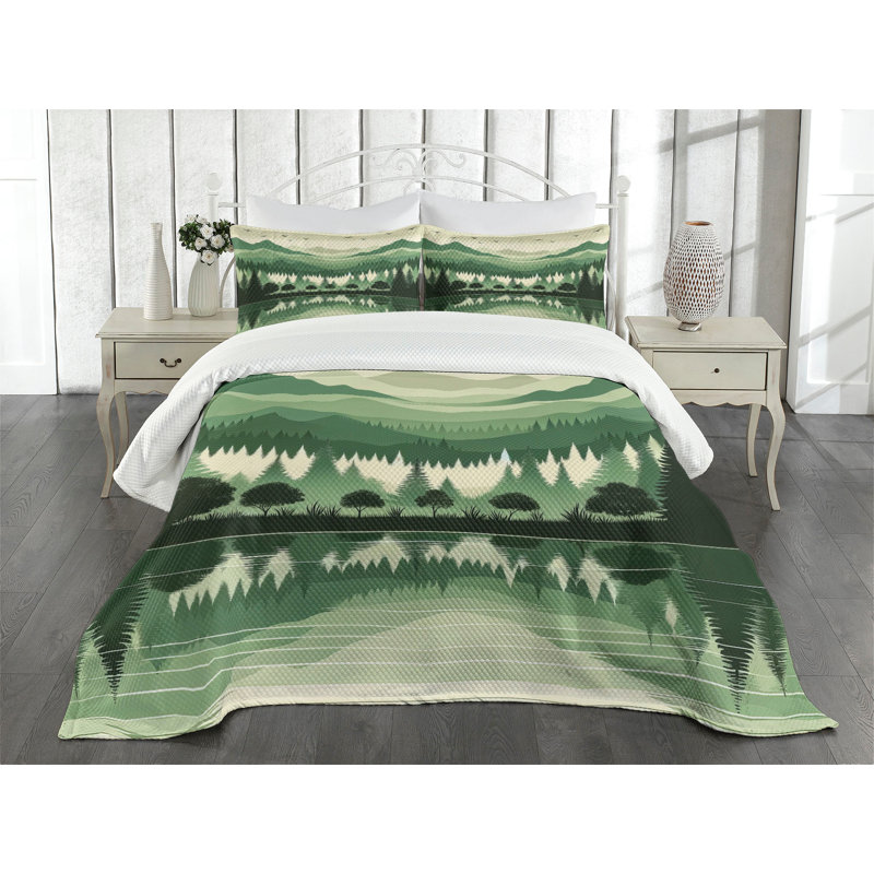 Ambesonne Sage Green Bedspread Set 3 Pcs Modern Mountain Range Dusk Eggshell Teal, Queen Bedspread + 2 Standard Shams